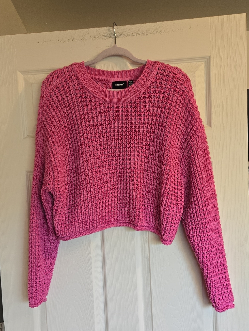 RD Style Hot Pink Waffle Knit Cropped Crew Sweater Medium